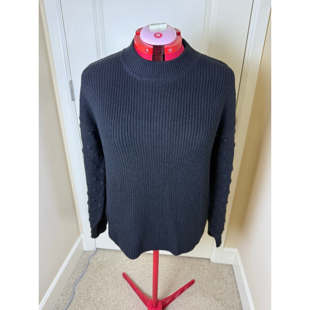 Women's CeCe Black Ribbed Bobble Sleeve Mock Neck Sweater Size L
